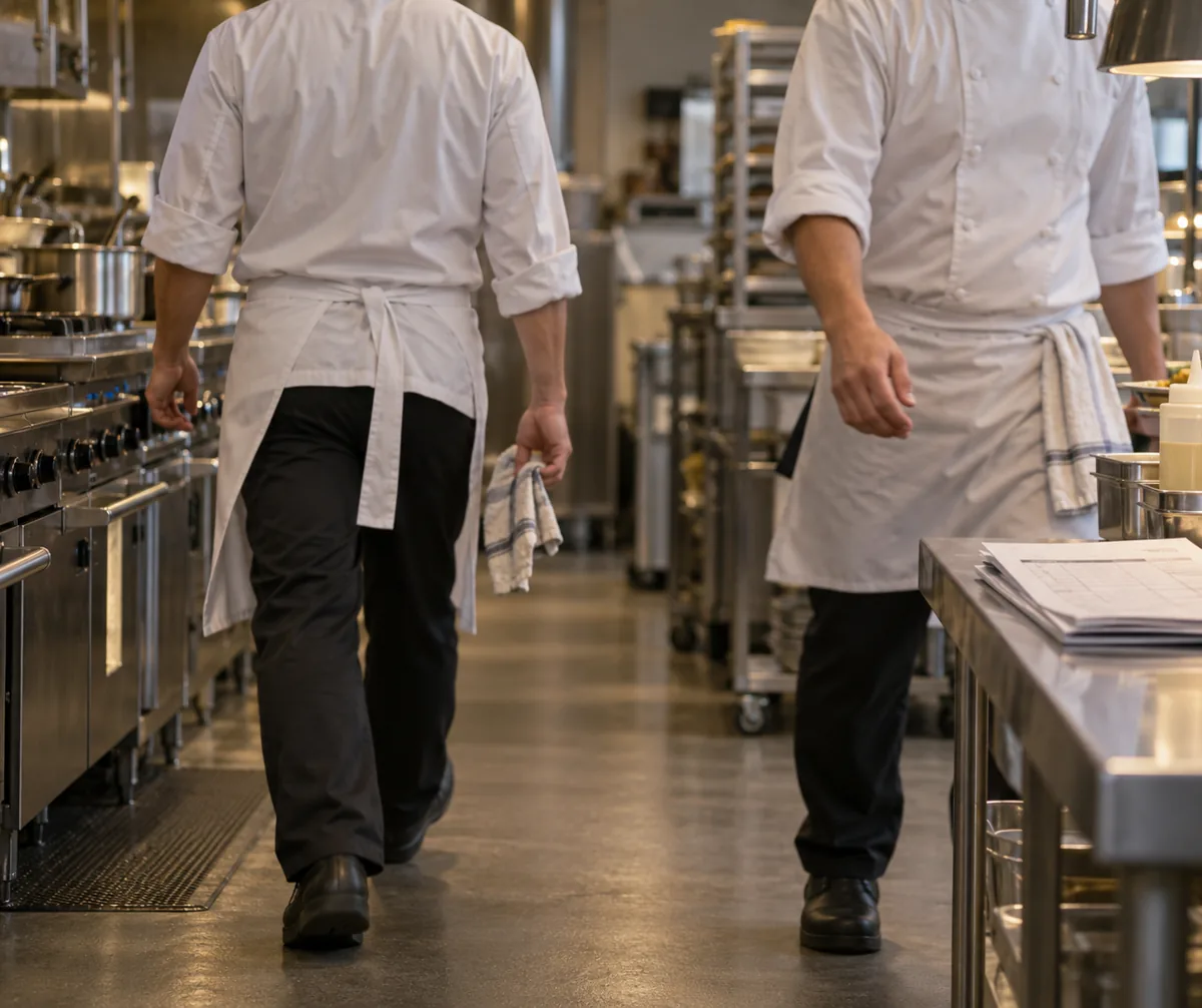 Dois cozinheiros de costas na troca de turno. Imagem ilustrativa.